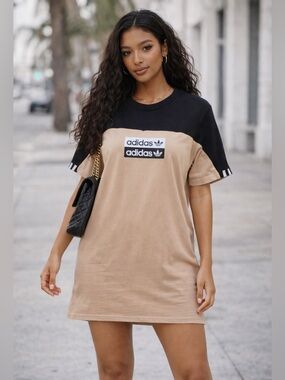 Adidas Women’s Colorblock T-Shirt Dress Black Tan sz 16 Streetwear Logo Pullover